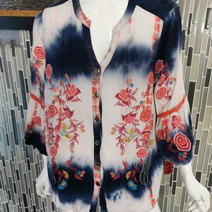 Caleooa Womens Red Blue Bell Sleeve V-Neck Embroidered Floral Blouse 2XL 0084